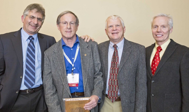 From left, Dr. Mike Willett, Tim Smith, Paul Tvergyak and Brooke Peterson at the 2014 Hort Show in Kennewick, Washington on December 2, 2014. (TJ Mullinax/Good Fruit Grower)