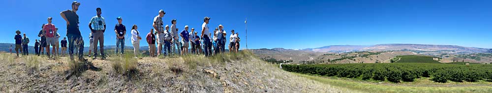 From an overlook above Wenatchee, the tour group gets a wide view of how grower Kyle Mathison’s planting choices and farming practices adapt to elevation ranging from 1,600 feet to 3,400. (TJ Mullinax/Good Fruit Grower)