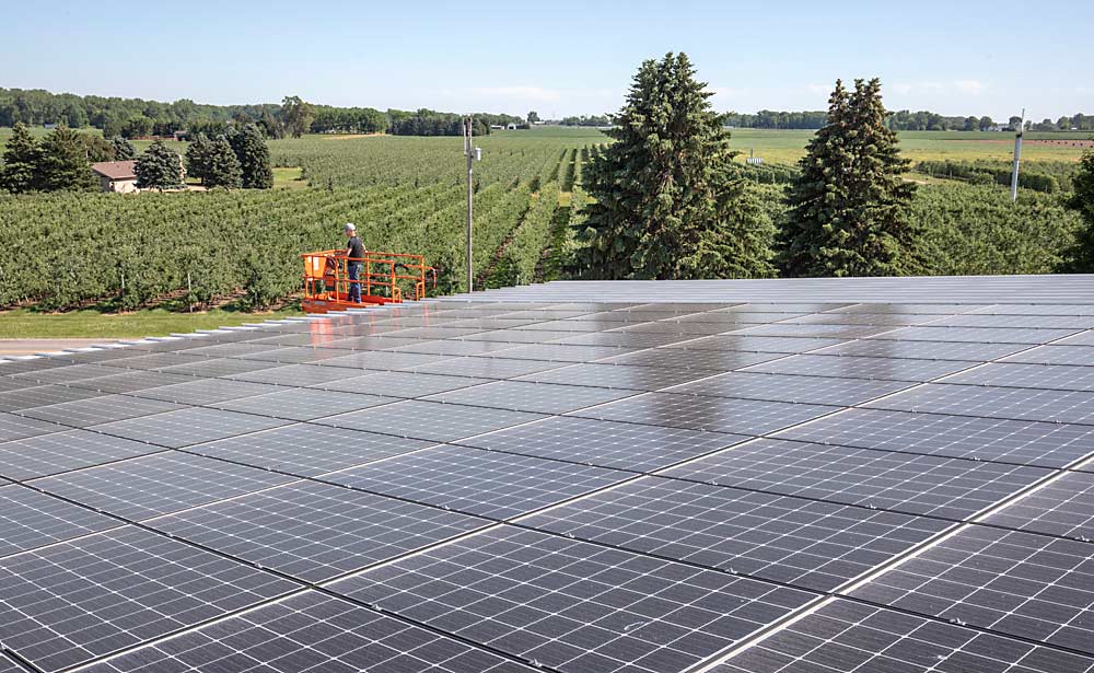 Solar panels cover the roof of the new CA storage facility in Deerfield, Michigan, one example of the many ways the Swindemans have embraced new ideas and technologies. (TJ Mullinax/Good Fruit Grower)