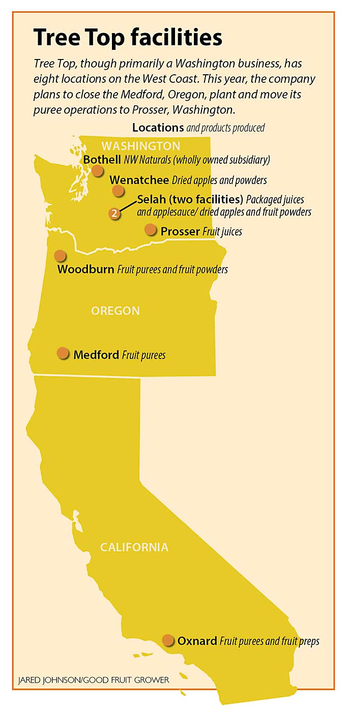 A map of Tree Top processing facilities. (Jared Johnson/Good Fruit Grower)