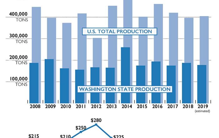 Chart showing Washington Concord grape prices from 2008 to 2019. Source: Trent Ball, Yakima Valley College, Graphic: Jared Johnson/Good Fruit Grower