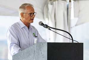 AgroLiquid owner and co-founder Troy Bancroft addresses the audience during a companywide celebration in St. Johns, Michigan. (Courtesy AgroLiquid)