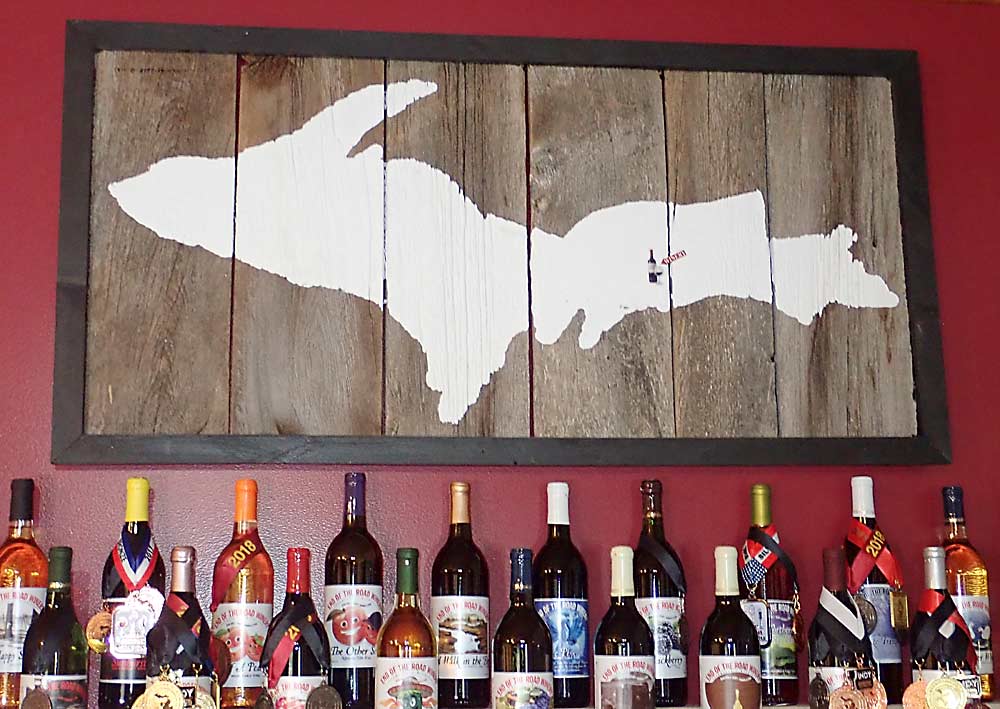 On a wooden map hanging in the winery’s tasting room, a small flag denotes the location of the End of the Road Winery in Michigan’s Upper Peninsula. (Leslie Mertz/for Good Fruit Grower)