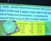 Mark Seetin, USApple, showed attendees of the 2019 Apple Crop Outlook & Marketing Conference expected trends in apple production on August 22 in Chicago, Illinois. This slide shows that four of the last six apple crops rank in the top 10 of historical production, including the record 2014 crop of 281.3 million bushels. (Matt Milkovich/Good Fruit Grower)