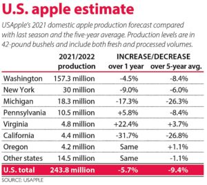 U.S. apple production forecast for 2021 from the U.S. Apple Association. (Source: USApple, Graphic: Jared Johnson/Good Fruit Grower)