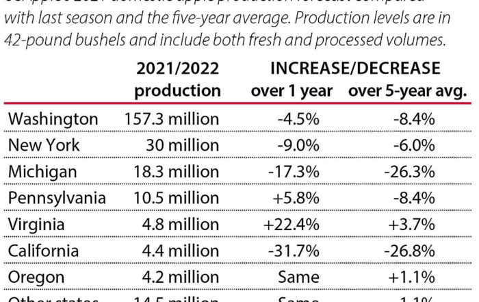 U.S. apple production forecast for 2021 from the U.S. Apple Association. (Source: USApple, Graphic: Jared Johnson/Good Fruit Grower)