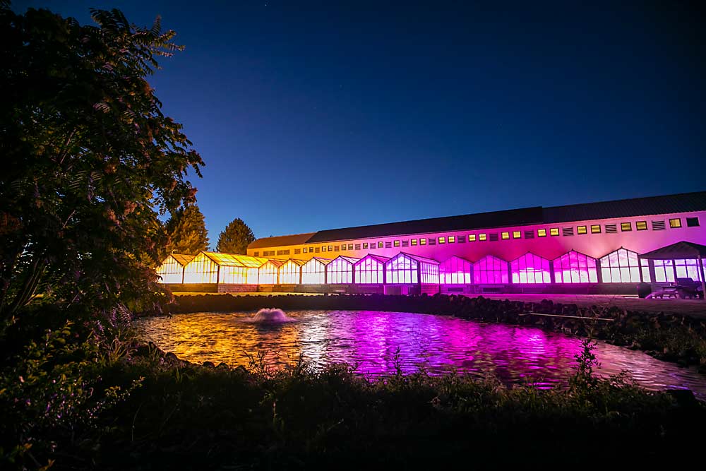 The U.S. Department of Agriculture, Agricultural Research Service building in Wapato, Washington, is illuminated with greenhouse lights. Although this facility is just 24 years old, ARS scientists have been stationed in the Yakima Valley for 100 years. (TJ Mullinax/Good Fruit Grower)