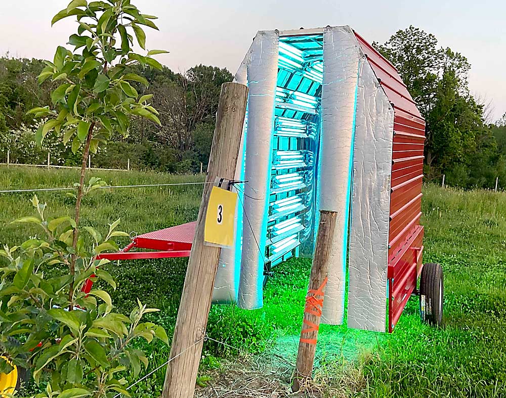 Reflective curtains at each end of the Cornell UV-C unit keep the light fog inside and prevent exposure to human eyes. Units that go over orchard rows need to be a little taller than those that go over vineyard rows, but the basic concept is the same. (Courtesy Kerik Cox/Cornell University)