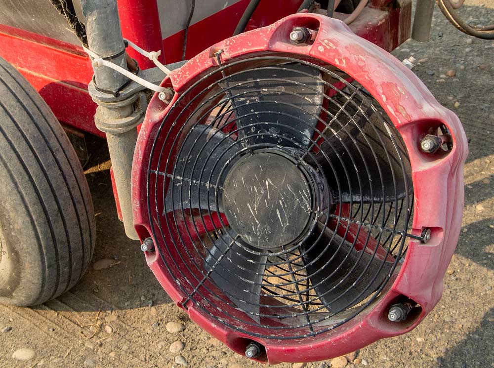 The nozzles on a Quantum Mist sprayer can tilt and move into the exact position you want, but since they can move, it's important to check regularly that they are tightened down in the desired position, said WSU's Gwen Hoheisel. (Good Fruit Grower/Shannon Dininny)