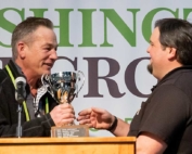 Jim McFerran (left) receives the Erick Hanson Memorial Winegrape Grower of the Year Award at the 2019 Washington Winegrowers Association convention and trade show on Thursday, Feb. 14. (TJ Mullinax/Good Fruit Grower)