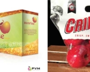 Washington State University first released the WA 2 apple as a nameless variety, at top. WSU is now behind an effort to rebrand the apple as Sunrise Magic, as seen in the promotional packaging near right, even though packer Apple King is selling the WA 2 under the name Crimson Delight, far right. The two sides are in negotiations over what to do next. (Courtesy Proprietary Variety Management and Apple King)
