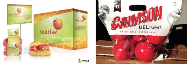 Washington State University first released the WA 2 apple as a nameless variety, at top. WSU is now behind an effort to rebrand the apple as Sunrise Magic, as seen in the promotional packaging near right, even though packer Apple King is selling the WA 2 under the name Crimson Delight, far right. The two sides are in negotiations over what to do next. (Courtesy Proprietary Variety Management and Apple King)