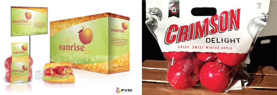 Washington State University first released the WA 2 apple as a nameless variety, at top. WSU is now behind an effort to rebrand the apple as Sunrise Magic, as seen in the promotional packaging near right, even though packer Apple King is selling the WA 2 under the name Crimson Delight, far right. The two sides are in negotiations over what to do next. (Courtesy Proprietary Variety Management and Apple King)
