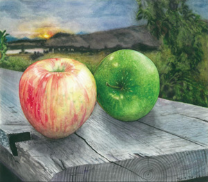 Grand prize winner of the 2023 Washington Apple Education Foundation Year of the Apple Art Contest, "Apples at Sunset" by Mykla Smith of Cashmere. (Courtesy Washington Apple Education Foundation)