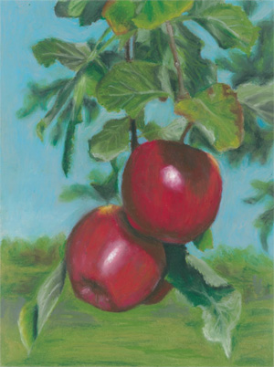 Third place winner of the 2023 Washington Apple Education Foundation Year of the Apple Art Contest, "Crimson Valley" by Marlene Martinez of Yakima. (Courtesy Washington Apple Education Foundation)