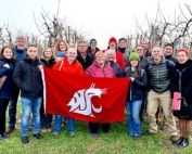 A delegation led by the Washington Tree Fruit Research Commission visits the Wageningen Research Center, Proeftuin Randwijk orchard on Feb. 6, 2019, in Wageningen, Netherlands. (Courtesy Washington Tree Fruit Research Commission)