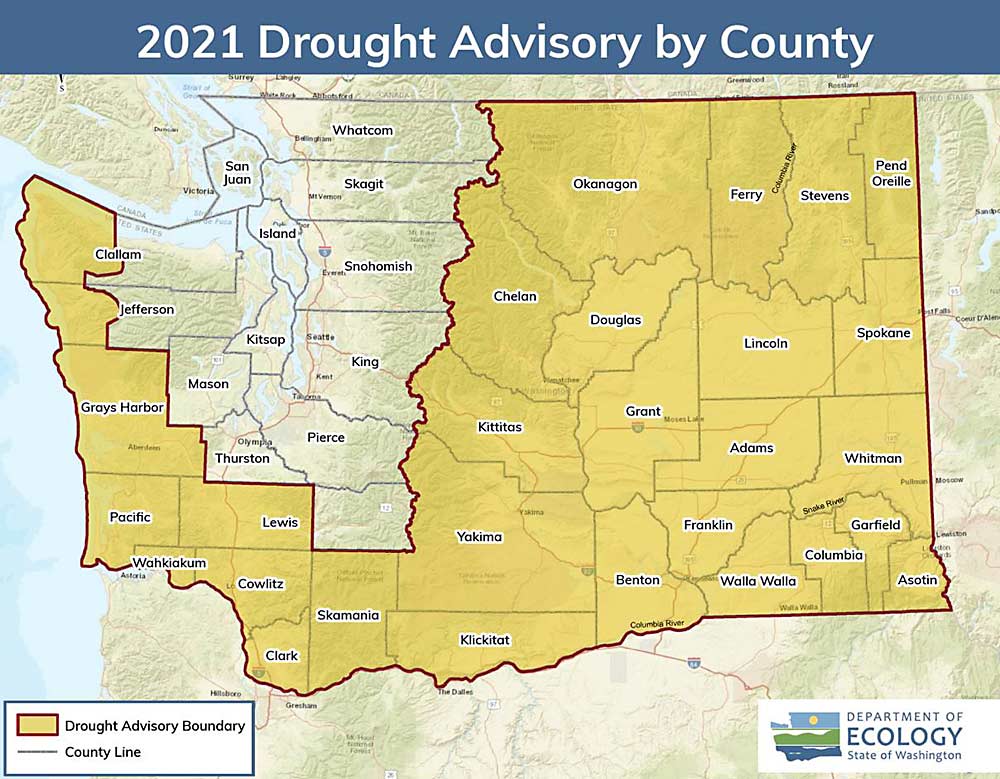 A map of the Washington counties where the state is warning of abnormally dry conditions expected for the growing season. (Courtesy Washington State Department of Ecology)