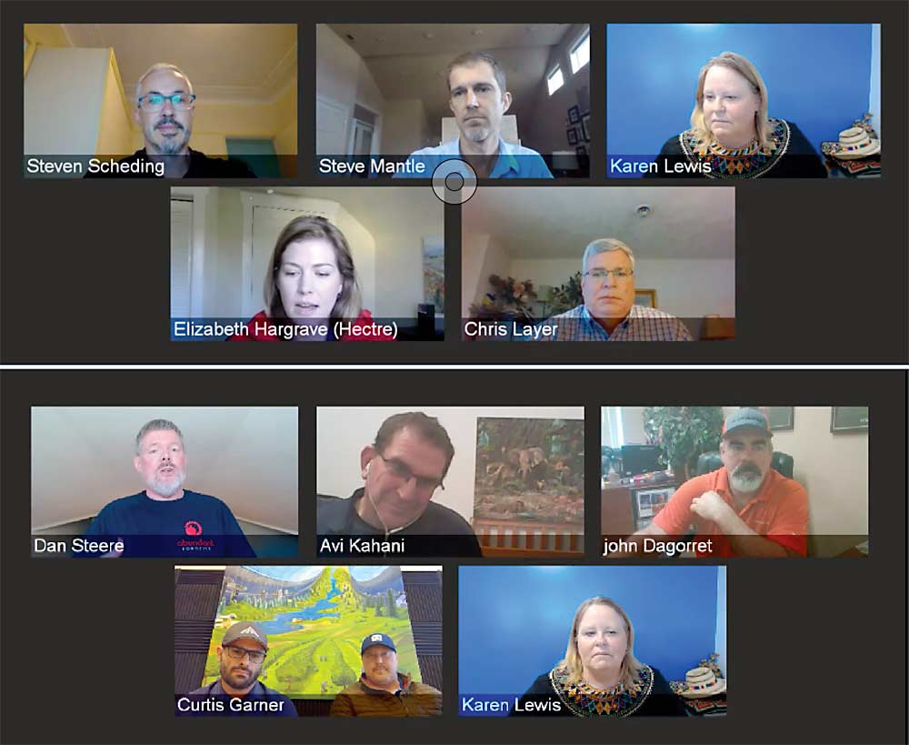 Seen here in screenshots from the virtual meeting held Feb. 24, Washington State University’s Karen Lewis leads a discussion with representatives from tech companies sharing updates with the tree fruit industry during the International Fruit Tree Association’s 64th annual meeting.