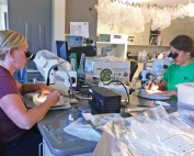 Nikki Rothwell, coordinator of the Northwest Michigan Horticulture Research Center, and fruit integrated pest management educator Emily Pochubay (right) use microscopes to scout for spotted wing drosophila larvae. (Courtesy Karen Powers)