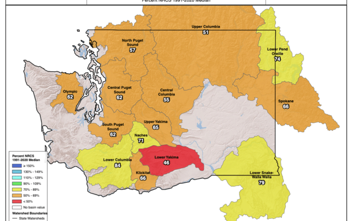 This map of snowpack across Washington as of April 16 shows the snow water equivalent falling far below normal. This led the state’s Department of Ecology to issue a drought emergency on April 16. (Courtesy USDA Natural Resources Conservation Service)