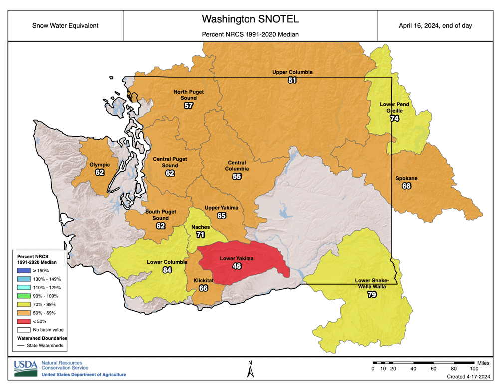 This map of snowpack across Washington as of April 16 shows the snow water equivalent falling far below normal. This led the state’s Department of Ecology to issue a drought emergency on April 16. (Courtesy USDA Natural Resources Conservation Service)