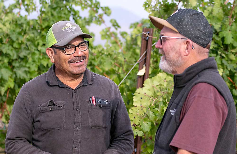 Scott Williams, right, talks with longtime supervisor Francisco Mejia during harvest. Kiona Vineyards is a multigeneration business for more than just the Williams family; Mejia’s son, Jesse, is the company’s accountant, and his nephew works in wine production. (TJ Mullinax/Good Fruit Grower)