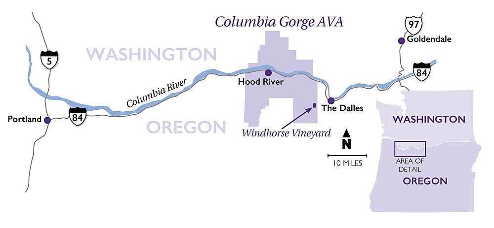 A map showing where Windhorse Vineyard is located in the Columbia Gorge American Viticulture Area near The Dalles, Oregon. (Jared Johnson/Good Fruit Grower)