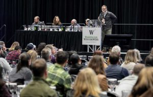 Gavin Joll, general manager of the Abacela winery in Roseburg, Oregon, speaks during a session on Tempranillo at WineVit on Feb. 7, the second day of the annual convention held by the Washington Winegrowers Association. (TJ Mullinax/Good Fruit Grower)