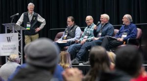 From left, Wade Wolfe leads a WineVit panel including Marty Clubb, Dick Boushey, Kevin Corliss and Brian Carter on Wednesday, Feb. 8, 2023, at the Toyota Center in Kennewick, Washington. (TJ Mullinax/Good Fruit Grower)