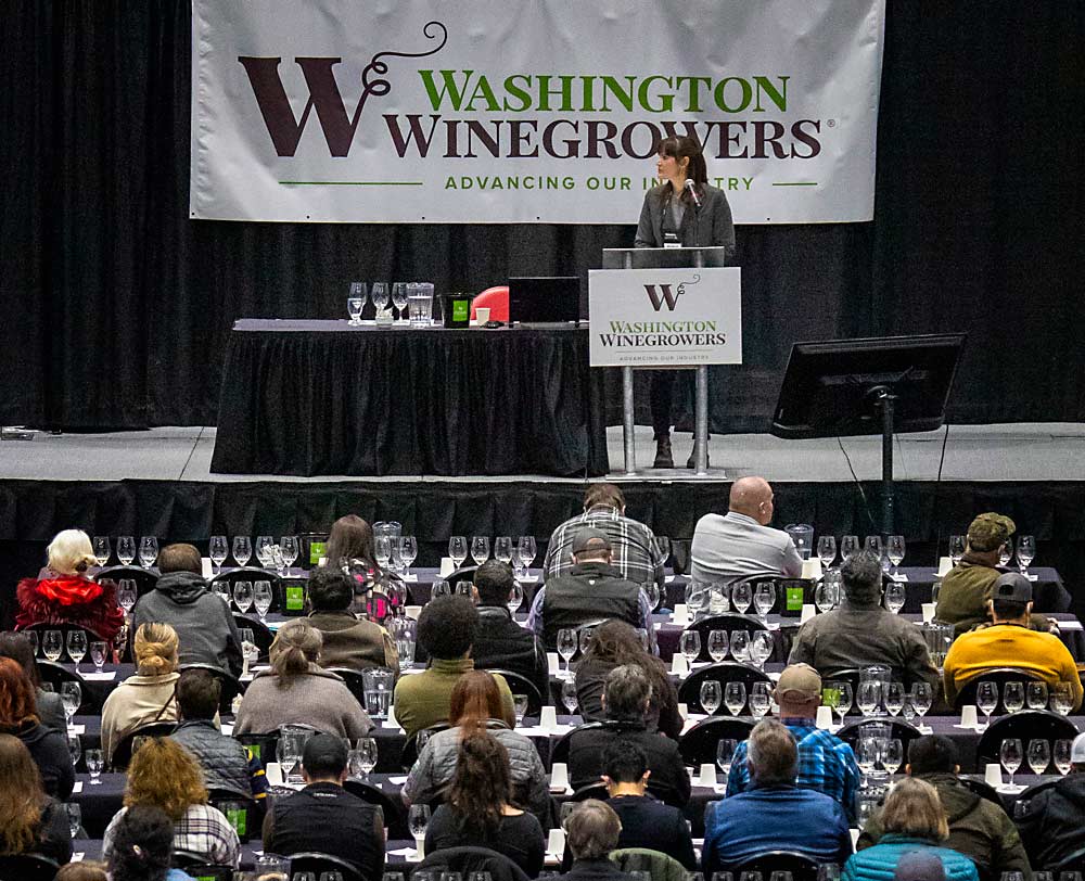 Washington State University viticulturist Michelle Moyer leads a grand tasting focused on disease-resistant cultivars on the morning of Feb. 8 to open WineVit, the convention held by the Washington Winegrowers Association at the Toyota Center in Kennewick, Washington. (TJ Mullinax/Good Fruit Grower)