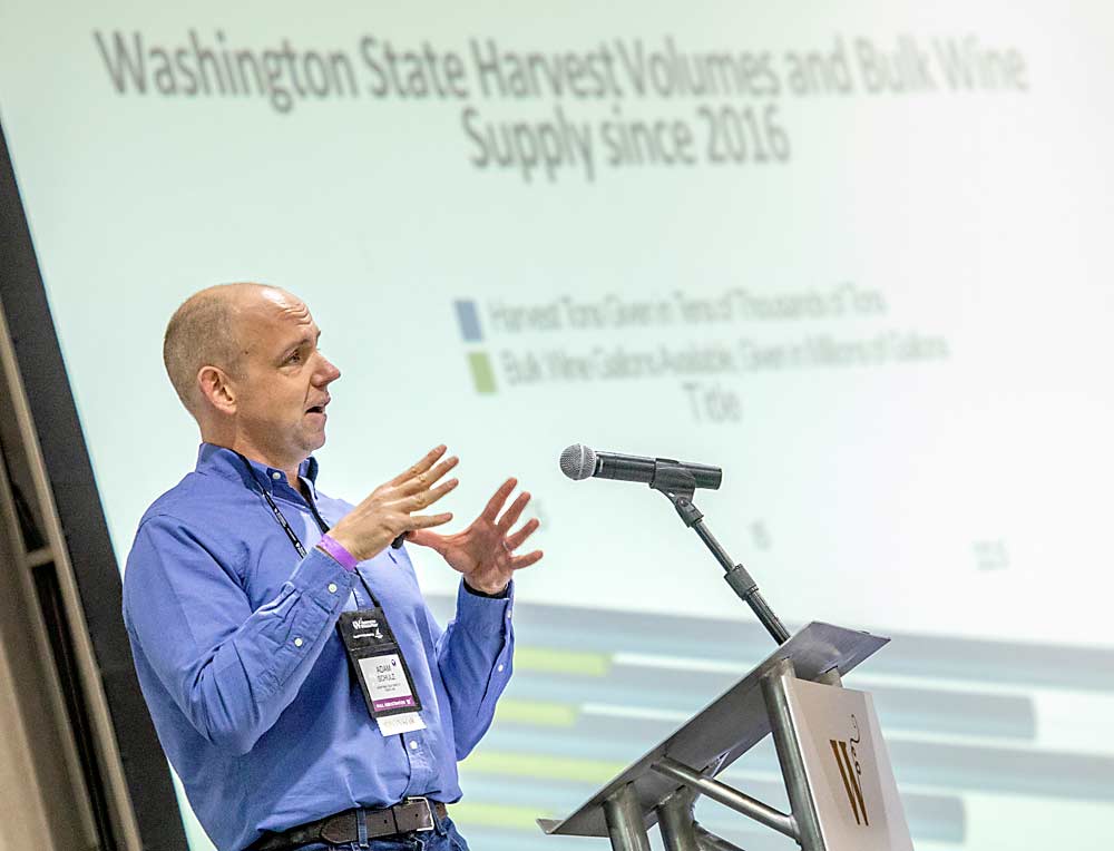 Adam Schulz of Incredible Bulk Wine Co. discusses supply and demand of Washington grapes and wine in February at the WineVit conference in Kennewick. (TJ Mullinax/Good Fruit Grower)