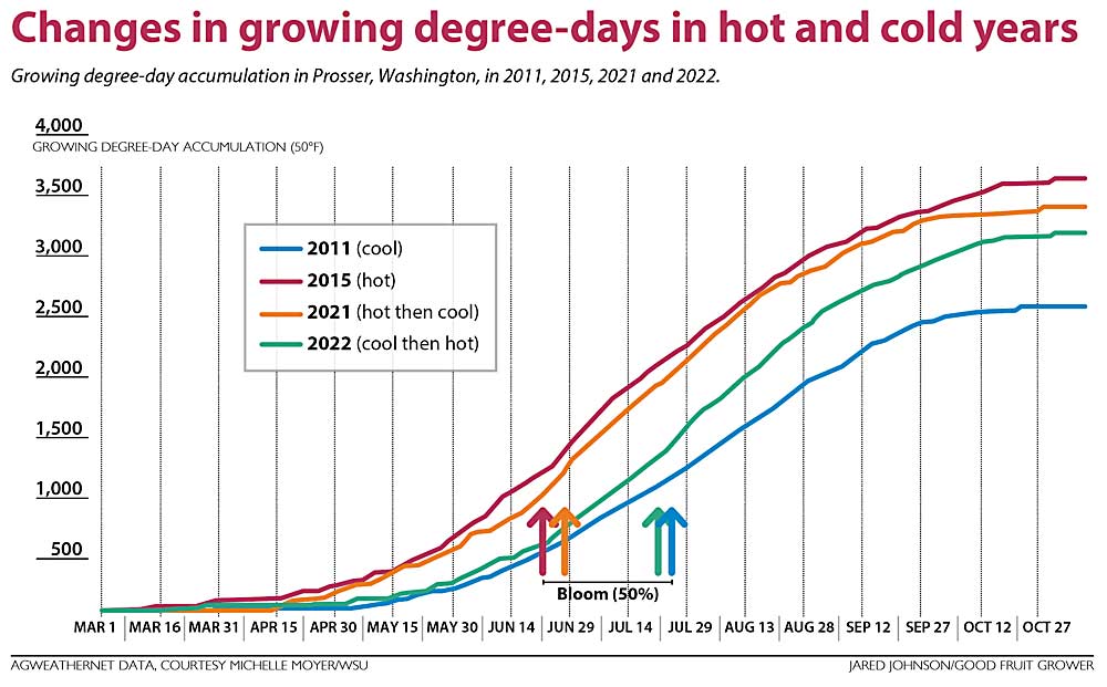 Changes in growing degree-day accumulation in Prosser, Washington, in both hot and cold years. (Source: AgWeatherNet data, courtesy Michelle Moyer/Washington State University; Graphic: Jared Johnson/Good Fruit Grower)