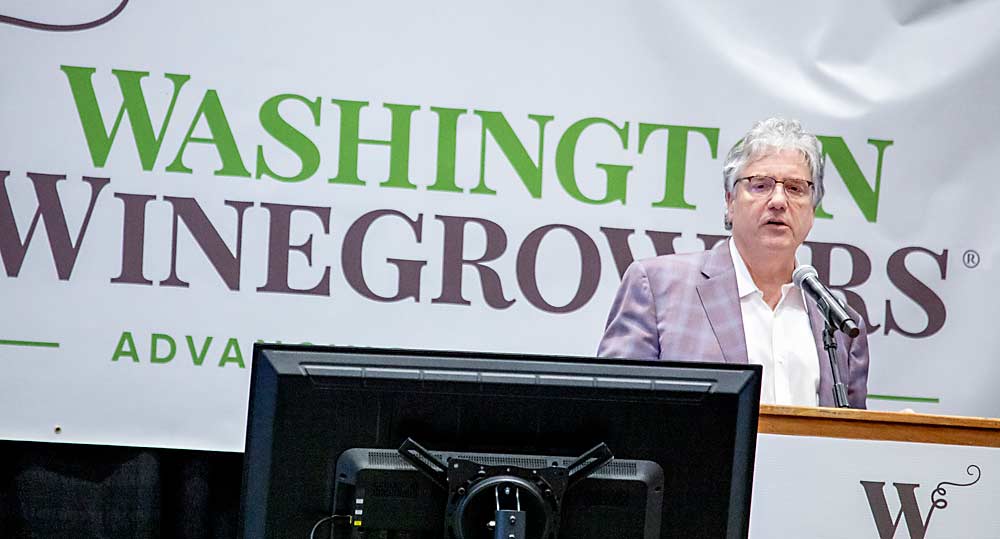 Ste. Michelle Wine Estates CEO Jim Mortensen talks about innovations in product development and marketing the company is undertaking to compete for younger consumers at the 2020 Washington Winegrowers Convention and Trade Show at the Three Rivers Convention Center in Kennewick, Washington, in March. (TJ Mullinax/Good Fruit Grower)