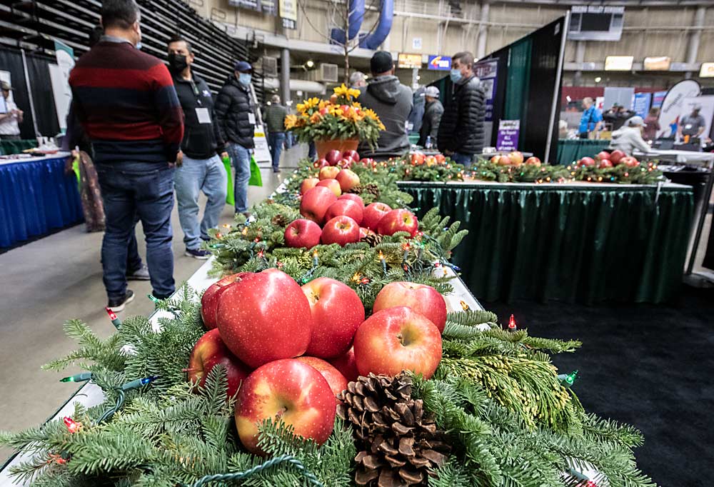 Curious about fruit varieties? Several nurseries are available to talk about what’s new on the first day of the Washington State Tree Fruit Association's NW Hort Expo on Monday, December 6, 2021 at the Yakima Valley SunDome in Yakima, Washington. (TJ Mullinax/Good Fruit Grower)