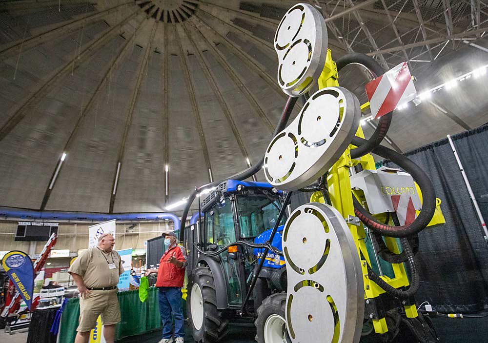 Air blast machines such as the Collard leaf remover are one hand to see during the first day of the Washington State Tree Fruit Association's NW Hort Expo on Monday, December 6, 2021 at the Yakima Valley SunDome in Yakima, Washington. (TJ Mullinax/Good Fruit Grower)