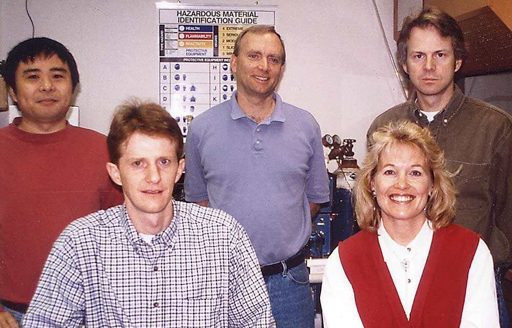 The research team that started the 1-MCP research at the U.S. Department of Agriculture lab in Wenatchee in 2000. In the front from left, Luiz Argenta and Janie Countryman, and in the back, Xuetong Fan, Dave Buchanan and Jim Mattheis. (Courtesy Jim Mattheis)